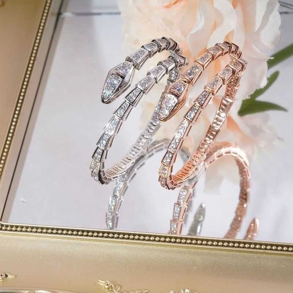 

bulgari925 sterling silver bracelet plated with rose gold personalized light luxury snake bone colorless open band mesh red, Black