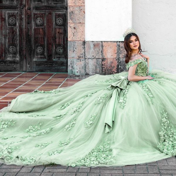 

sage green ball gown quinceanera dresses appliques beads 3dflower off the shoulder sweet 16 dress vestido de 15 anos lace-up, Blue;red