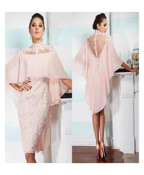 

high neck sheath knee length cocktail dresses with cape lace applique backless short homecoming prom gowns with beaded appliques4767214, Black