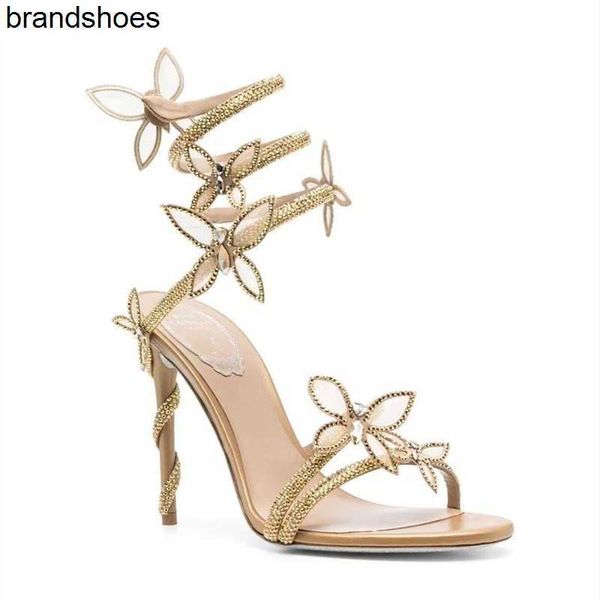 

rhinestone snake strass stiletto sandals rene caovilla cleo 9.5cm evening shoes women's high heels ankle wraparound luxury designer fac, Black