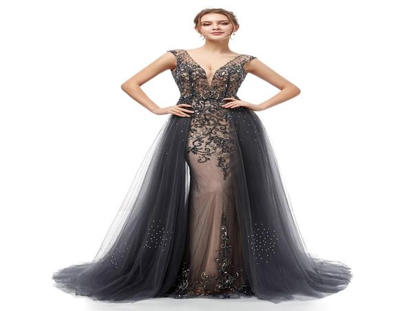 

mermaid prom dresses 2020 backless full beads and tulle overskirt vneck formal evening party gowns 54067218361, Black