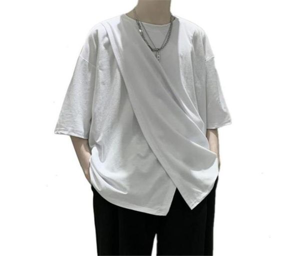 

solid asymmetricadesign five sleeves tee loose tshirt cotton male hiphop korean edition handsome trend split fork m3xl698274523587, White;black