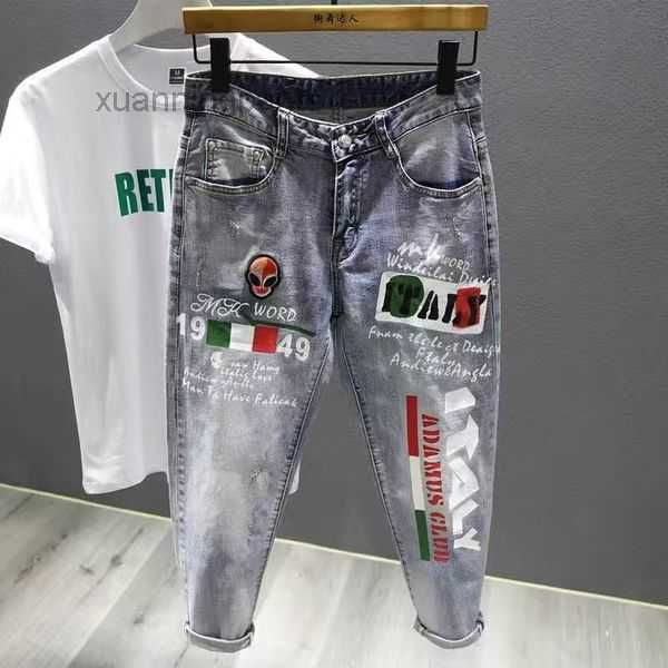 

black pants black gray embroidery ripped jeans men's personality bump color splash paint retro korean version show thin elastic feet lo, Blue