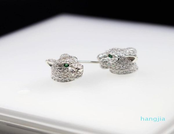 

leopard head green eyes stud earring 925 sterling silver full zircon beads panther women animal bridal jewelry1442792, Golden;silver