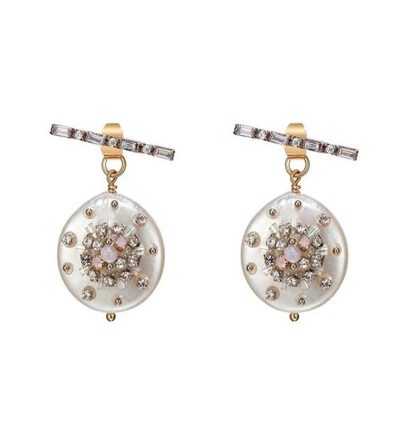 

korean version of the move peach handdrilled crystal natural shell earrings fairy temperament earrings femal j19063028423455643, Golden