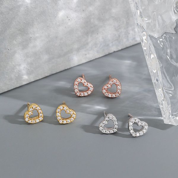 

earrings 18k gold-plated peach heart full of diamonds micro-inlaid women's stud s925 sterling silver hearts and arrows fresh and simple, Golden;silver