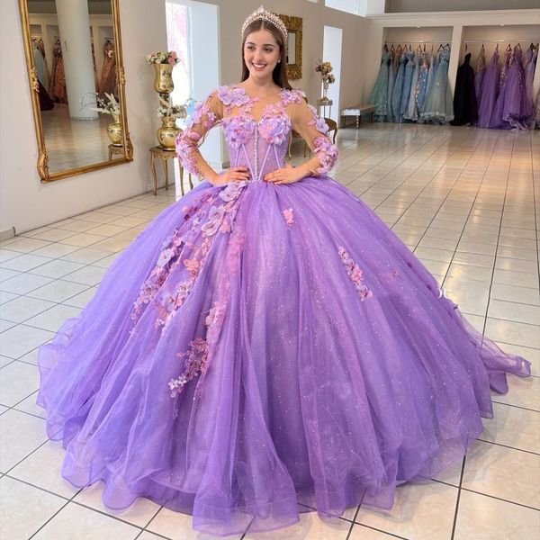 

2023 lavender shiny quinceanera dresses long sleeves beading with 3d appliques lace tull ball gown vestidos de 15 anos, Blue;red
