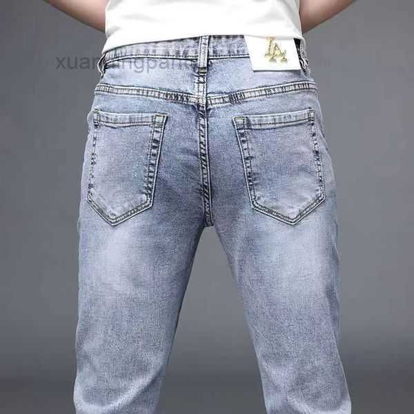 

men's jeans new summer light color jeans men's slim fit foot elastic fashion label pants jxbu, Blue