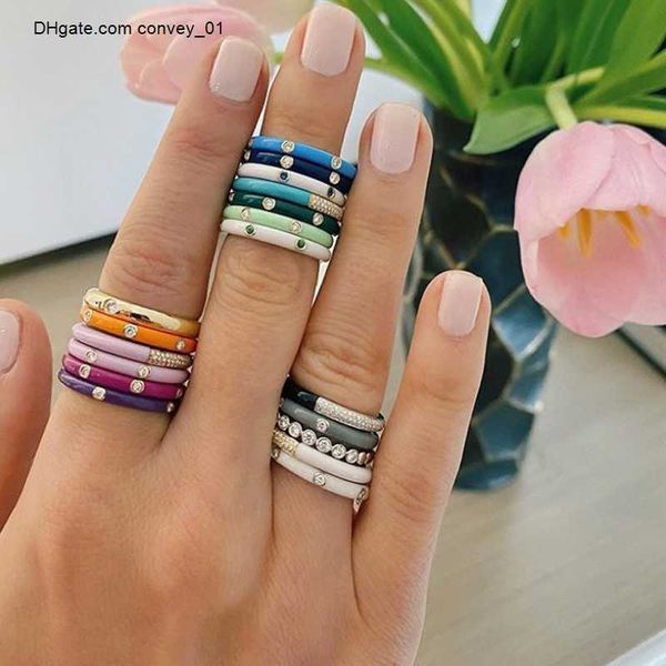 

rings 10 band colors simple rainbow enamel ring paved cz shiny cubic zircon fashion engage eternity stackable rings for women jewelry gift g, Silver