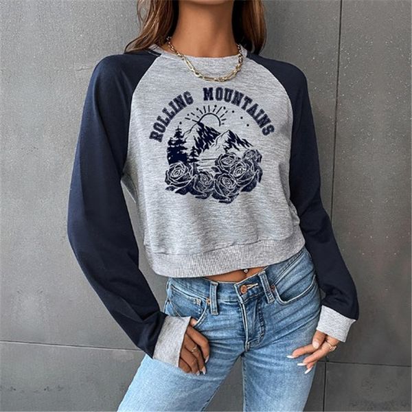 

women's hoodies raglan sleeve rolling mountains rose print crop sweatshirt, Black