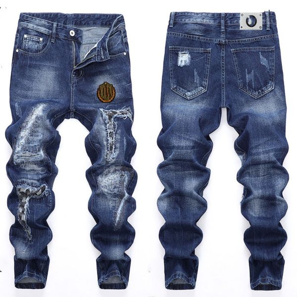 

fashion desinger jeans purple jeans denim version long straight regular modern letter patch work ripped for holes clothes104, Blue