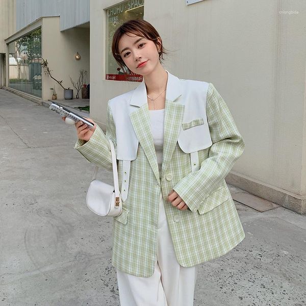 

women's suits plaid spliced thin blazer jacket 2023 spring summer women elegant chic korena style casual loose suit coat outerwear girl, White;black