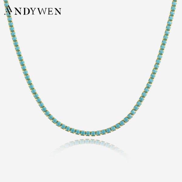 

strands strings andywen 925 sterling silver gold 2mm turquoise tennis cz chain necklace summer long chain choker crystal luxury fine jewelry, Black