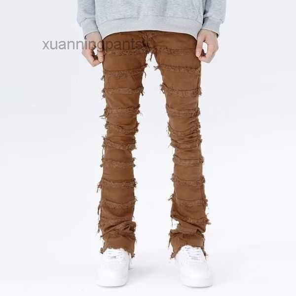 

men's jeans retro patchwork flared pants wild stacked ripped long straight baggy washed faded men xrul, Blue