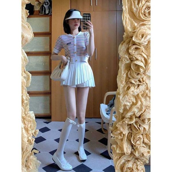 

summer women's striped casual fashion pleated skirt suit short skirt, soft and comfortable fiber fabric, high waist short pleated skirt, White