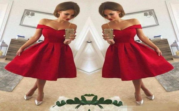 

2018 simple red off the shoulder satin a line short party dresses ruched knee length short homecoming cocktail prom gowns6081653, Black