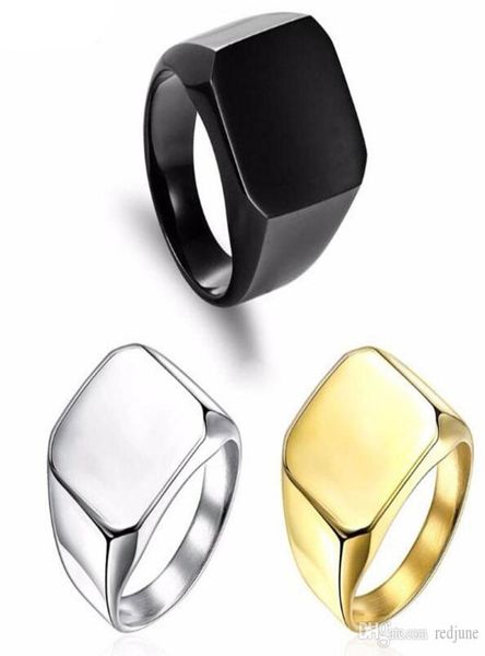

fashion rings square big width signet rings 24k titanium steel man finger silver black gold men ring jewelry5653328, Slivery;golden