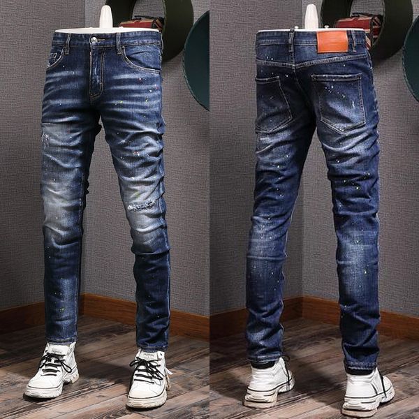 

male jeans distressed painted effect ripped slim fit, Blue