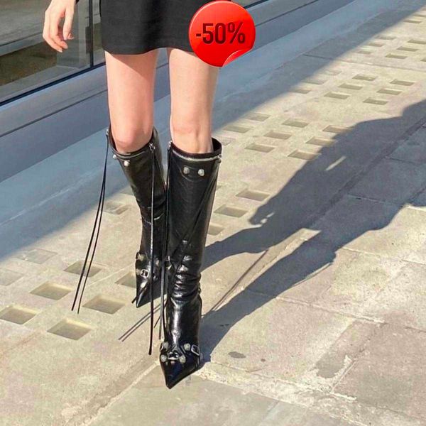 

cagole lambskin leather knee-high boots stud buckle embellished side zip shoes pointed toe stiletto heel tall boot luxury, Black