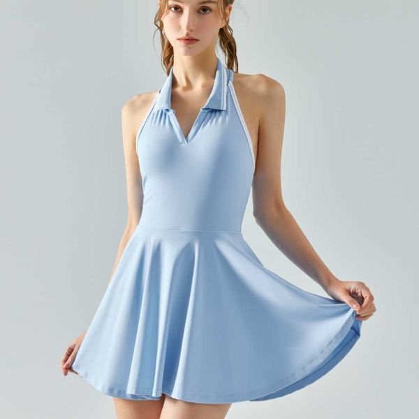 

lulu skirts women dresses halter-neck contrast lapel polo sport dress chest pads women lemon vest fake-two anti-walking tennis pants skirt w