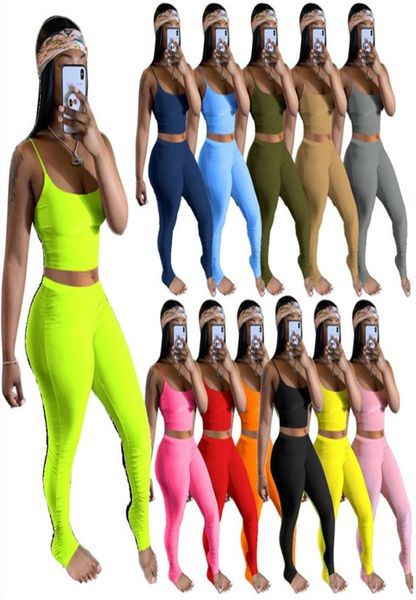 

plain women yoga tracksuits two piece set summer clothes sleeveless vest leggings spring fall sports jogging suits solid outfits s3049285, Gray