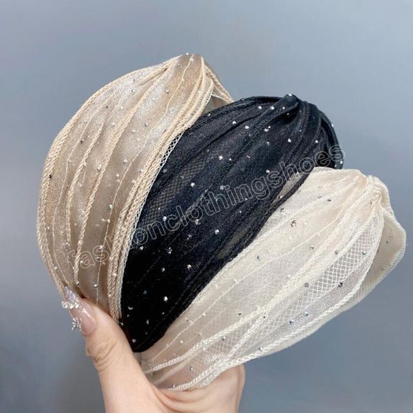 

new fashion mesh cloth headwear summer wide side hairband cool fresh turban shining rhinestone hair accessories, Slivery;white