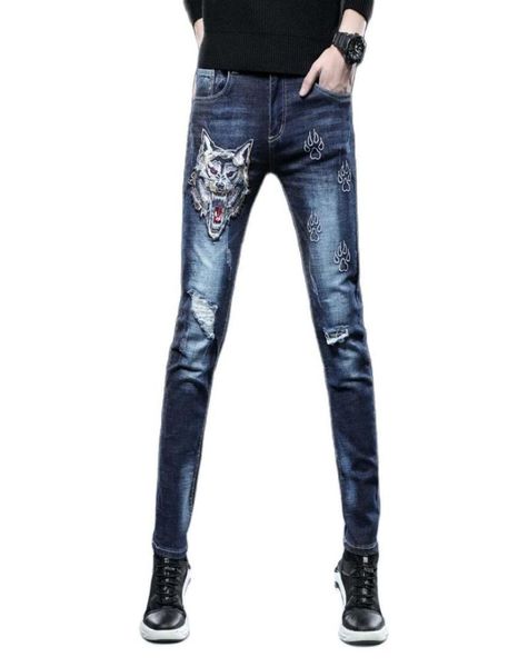 

new 2021 brand designer ripped jeans male wolf head luxury embroidery skinny jeans men fashion slim handsome casual long pants38863149437, Blue