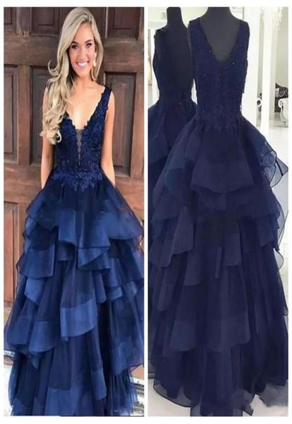 

navy blue 2019 lace appliques tiered prom dresses backless tiered ruffles floor length evening party gowns tulle formal vesti6143469, Black