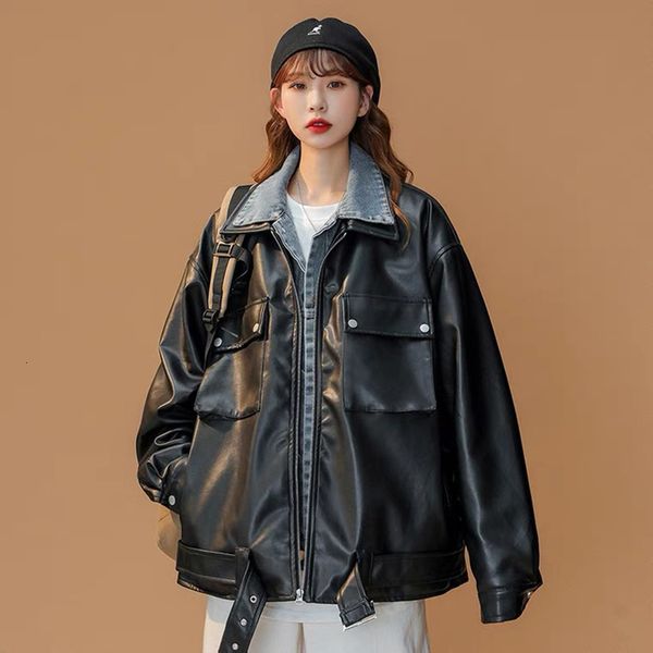 

women's jackets mxxxl vintage harajuku denim patchwork pu jacket coat long sleeve loose casual oversized 2023 autumn winter 230729, Black;brown