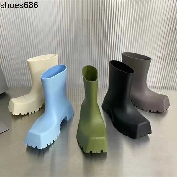 

balenciga fashion rain boots women's summer net red square head high boots thick bottom fashionable rain shoes waterproof and antiskid, Black