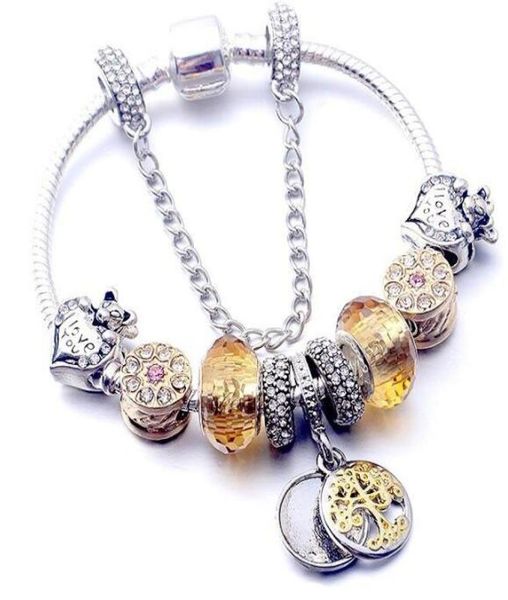 

fashion 925 silver plated tree of life pendant charms bracelet set original pandora snake chain diy beads charm bracelets for wome3220158, Golden;silver
