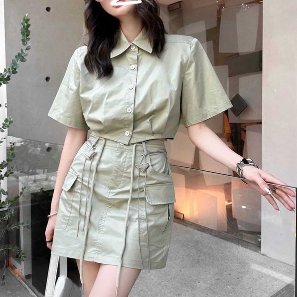 

summer ladies lapel short-sleeved shirt and lace-up slim skirt suit skirt, with belt casual fashion, high waist slim version of the daily pa, White