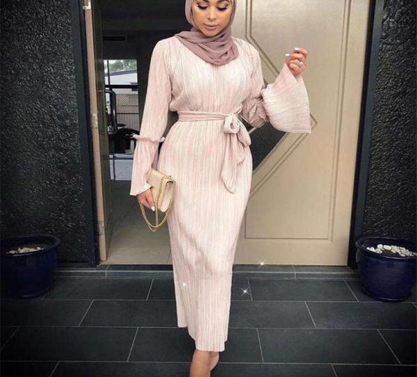 

muslim wrinkled pencil skirt pliss maxi dress trumpet sleeve abaya evening long robes tunic middle east ramadan arab islamic cloth6956577, Black;red
