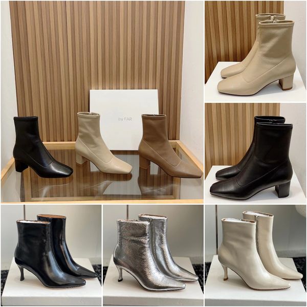 

designer far sofia luxury stevie 42 kraft nappa boots fashion women autumn winter smooth calf leather square toe thick heeled short spike bo, Black