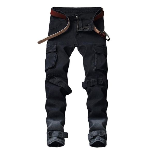 

men039s jeans motorcycle new trend multipocket punk black denim trousers female fashion jslimfit pants stylish denim pants 203449826, Blue