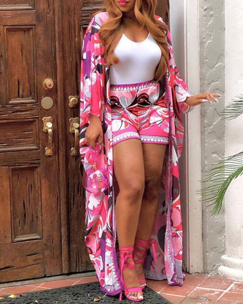 

women's two piece pants women open long loose cardigan high waist abstract print batwing sleeve cardigan shorts set shorts summer fashi, White