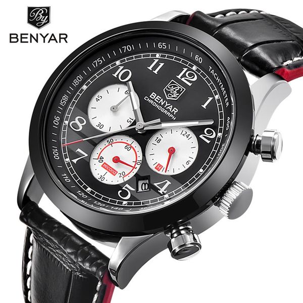 

benyar brand sport waterproof chronograph men watch brand luxury male leather quartz military wrist watch men clock saat254u, Slivery;brown