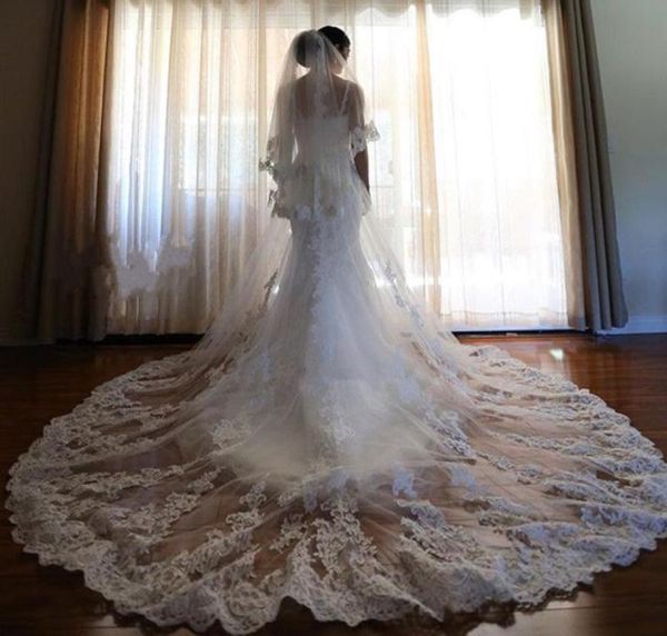 

elegant cathedral length long bridal veil three layer lace applique tulle wedding veils with comb7474428, Black