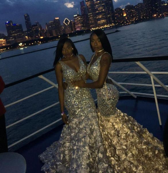 

bling mermaid prom dresses v neck beads crystals 3d floral for black girls african evening dress plus size arabic party wear6152059