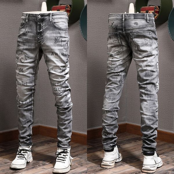 

man black gray jeans with printed wash vintage slim fit leg, Blue