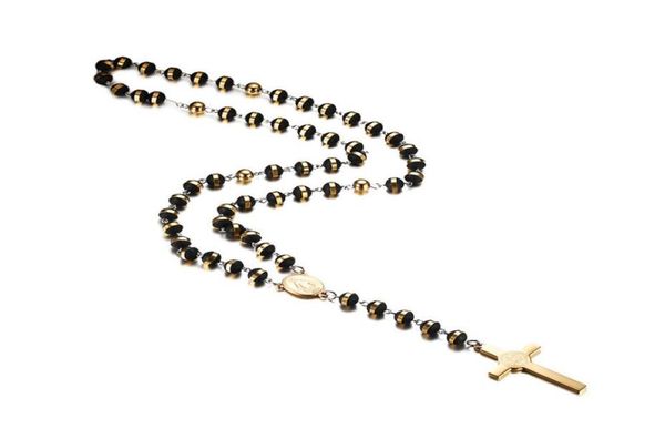 

meaeguet black/gold color long rosary necklace for men women stainless steel bead chain pendant women's men's gift jewelry 418 q22, Silver