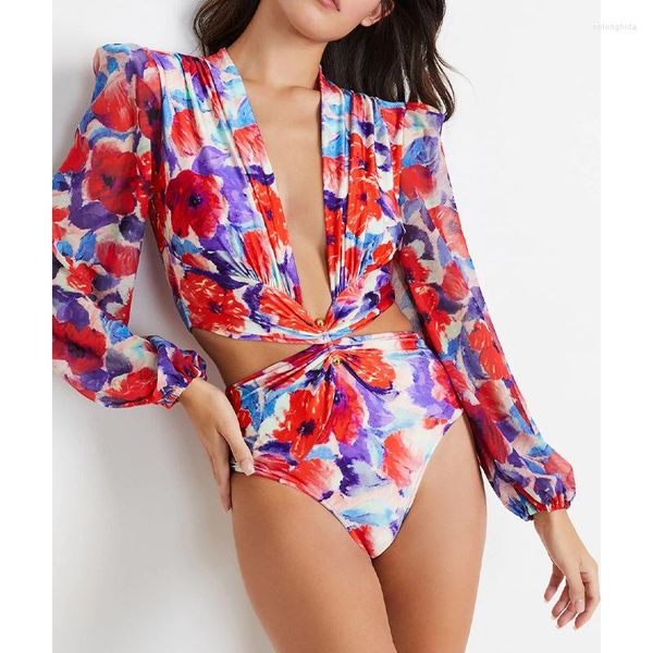 

women's swimwear fashion hollow out woman swimsuit long sleeve bikinis print v-neck one piece bathing suit, White;black