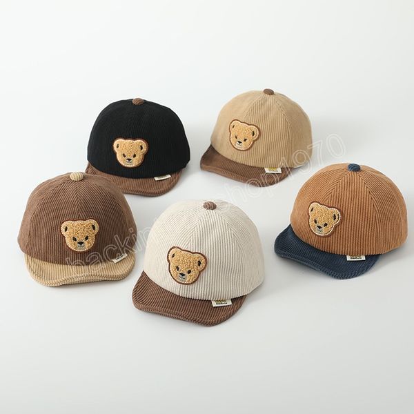 

winter autumn new cute cartoon bear soft corduroy baby baseball cap boy girl adjustable outdoor children sun hats, Yellow