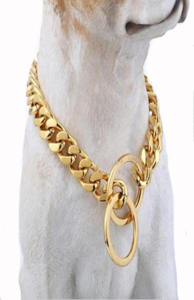 

10121517mm 316l stainless steel silver colorgold color cuban chain pet dog collar choker necklace 1232quot chokers36293979071077, Golden;silver