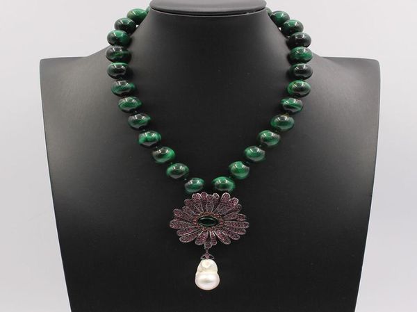 

guaiguai jewelry 18quot 14mm green tiger eye round necklace white keshi pearl cz gunmetal gold plated flower pendant necklace fo2158995, Silver