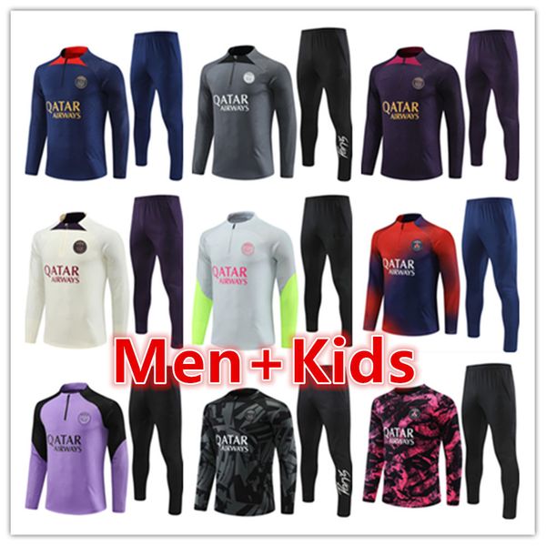 

paris tracksuit 2023 2024 mbappe kids men tracksuits 22 23 24 psgs training suit long sleeve football soccer jersey kit uniform chandal boys, Black