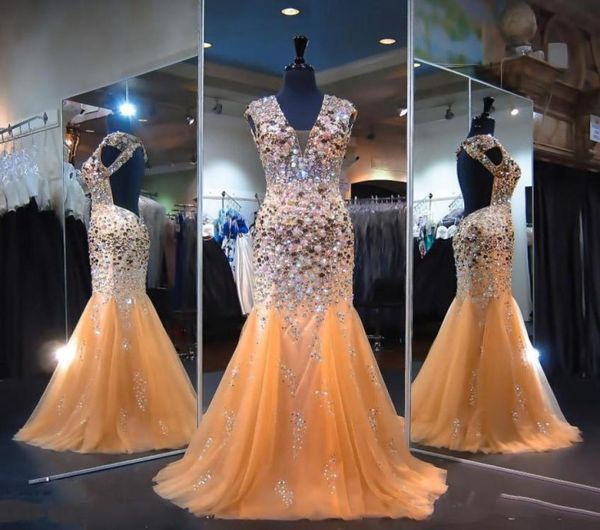 

shinning heavy beading prom dresses open back v neck crystals beaded tulle mermaid evening gowns champagne floor length forma6061607, Black