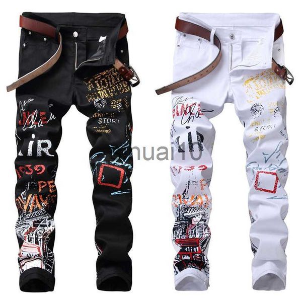 

men's jeans high street fashion mens jeans night club black white color personal designer printed jeans men punk pants skinny hip hop j, Blue