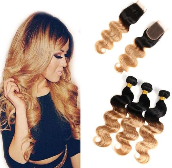 

colored brazilian body wave human hair 3 bundles with lace closure two tone 1b27 ombre honey blonde human hair weave with closur2165962, Black;brown