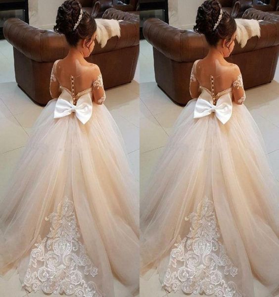 

new champage lace flower girl dresses with illusion back long sleeves girl pageant dress sweep train princess girls pageant dress4872978, White;blue
